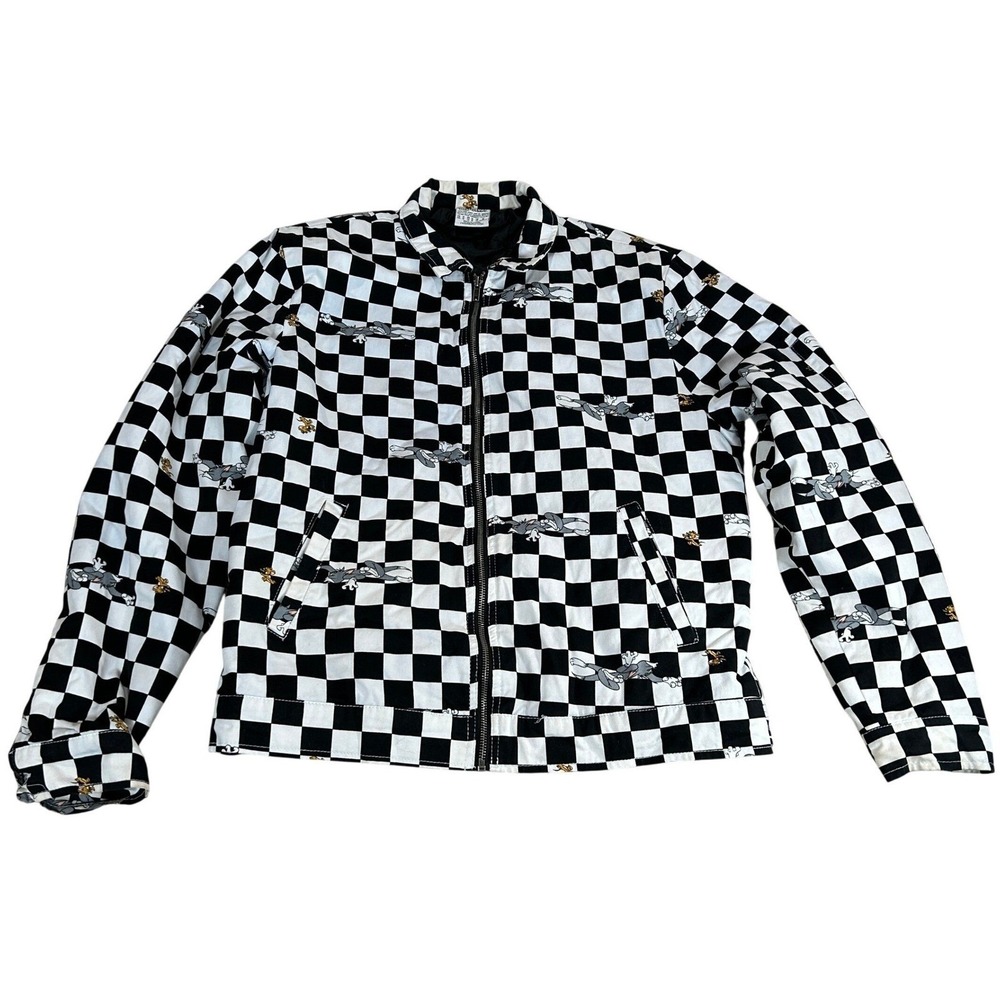 Tom and Jerry Mens Medium Black White Checkered Full Zip Graphic Jacket 5193